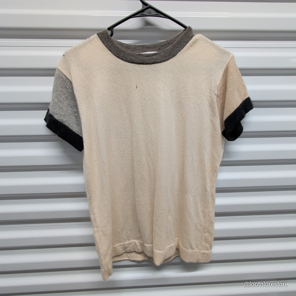 Worth Cashmere Short Sleeve Sweater Womens Large Colorblock Cream Grey Knit Top